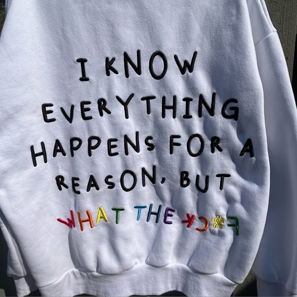 Sarai Baggy White Sweatshirt with Yellow Hood Lining Colorful Text Size XXL - Picture 1 of 12